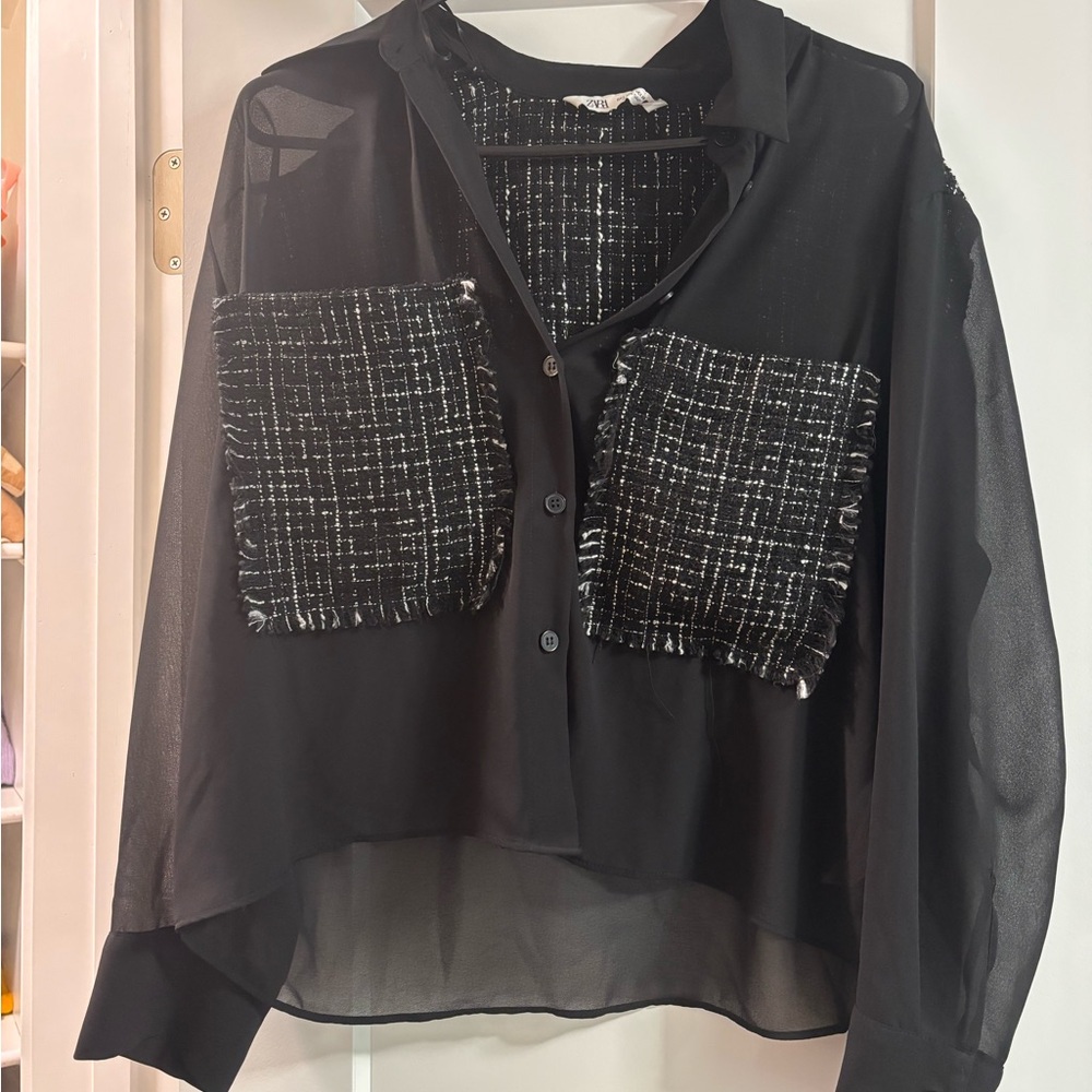 Zara Black Sheer Button Down with Tweed Details